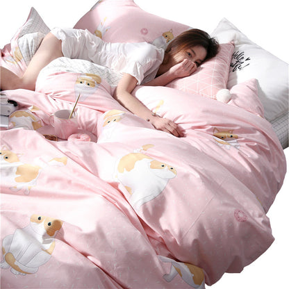 Grey four-piece cotton bedding set by HOMCOM, including duvet cover and pillowcases, shown on a neatly made bed.