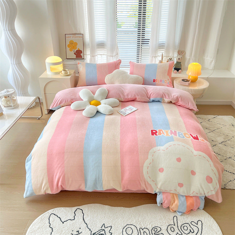 HOMCOM cartoon rainbow milk velvet four-piece bedding set with a flat sheet, colorful and cozy for a child's bedroom.