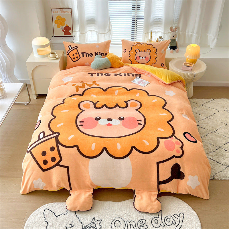 HOMCOM cartoon thickened milk velvet four-piece bedding set with rainbow design, includes flat sheet and bedding components.