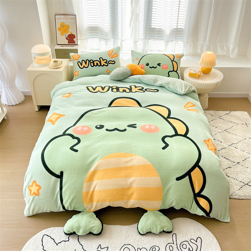 HOMCOM cartoon thickened milk velvet four-piece bedding set with rainbow design and flat sheet on a bed.