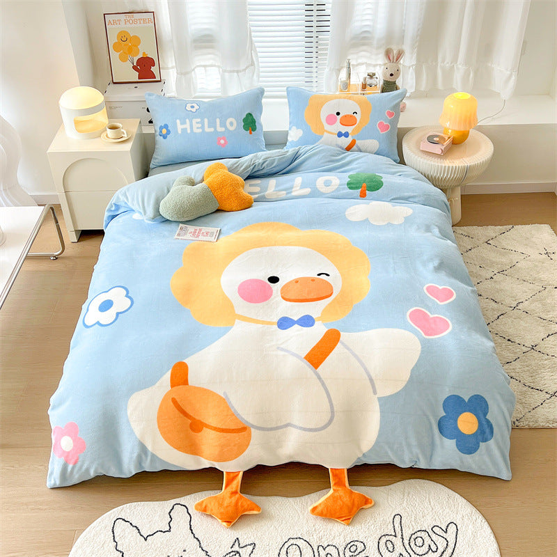 HOMCOM cartoon thickened milk velvet four-piece bedding set with rainbow design, including a flat sheet and matching pillowcases.