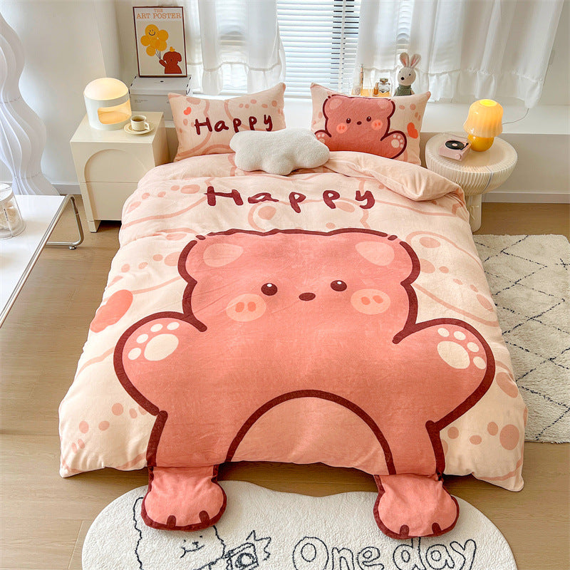 HOMCOM cartoon thickened milk velvet four-piece bedding set with colorful rainbow design on a flat sheet, soft and cozy for bedroom decor