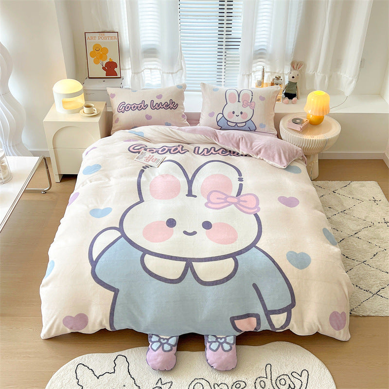 HOMCOM cartoon thickened milk velvet four-piece bedding set with rainbow design, including a flat sheet and matching pillowcases.