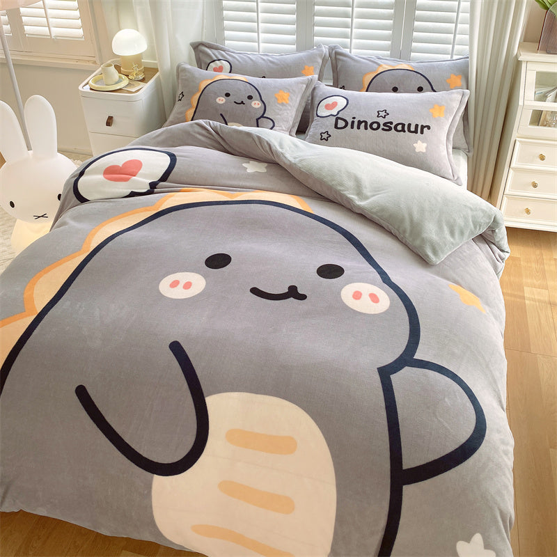HOMCOM cute cartoon milk velvet bedding set of four with dinosaur design, soft colorful bedding for children’s bedroom.