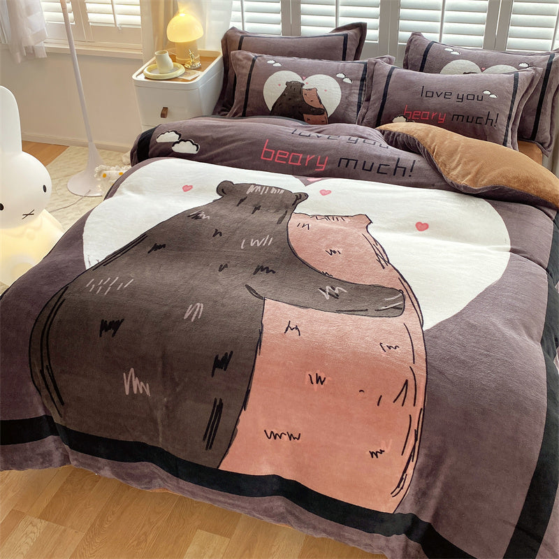 HOMCOM cute cartoon milk velvet bedding set of four with dinosaur design, soft and cozy for children’s bedroom decor.