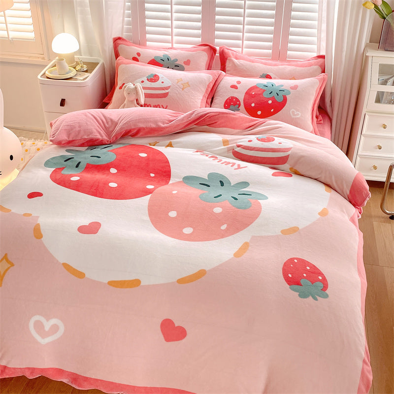 HOMCOM cute cartoon milk velvet bedding set of four with dinosaur design on bed sheets, perfect for kids' bedroom decor.