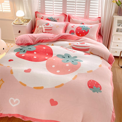 HOMCOM cute cartoon milk velvet bedding set of four with dinosaur design on bed sheets, perfect for kids' bedroom decor.