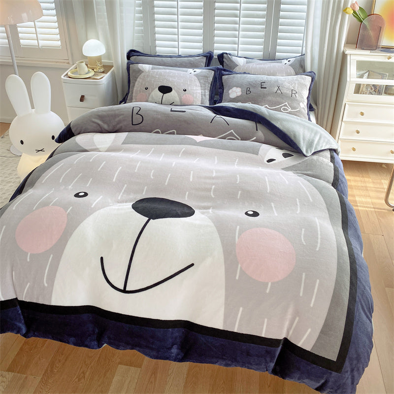 HOMCOM cute cartoon milk velvet bedding set of four with playful dinosaur design on soft, cozy bed sheets for kids.