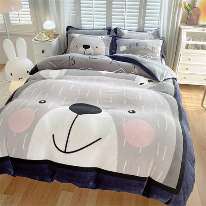 HOMCOM cute cartoon milk velvet bedding set of four with playful dinosaur design on soft, cozy bed sheets for kids.