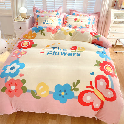 HOMCOM cartoon milk velvet bedding set of four with cute dinosaur design on a 1.5m bed sheet. Soft, colorful, and cozy bedding.