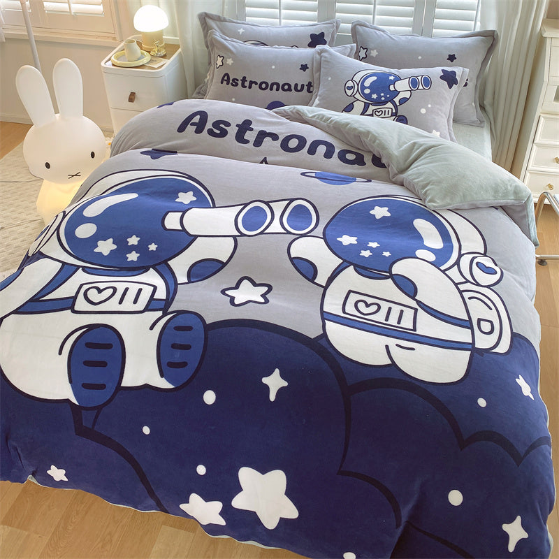 HOMCOM cute cartoon milk velvet bedding set of four featuring colorful dinosaur designs on soft bed sheets for 1.5m beds