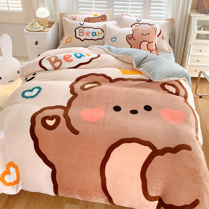 HOMCOM cute cartoon milk velvet bedding set of four with colorful dinosaur designs on soft fabric for kids' bedroom.