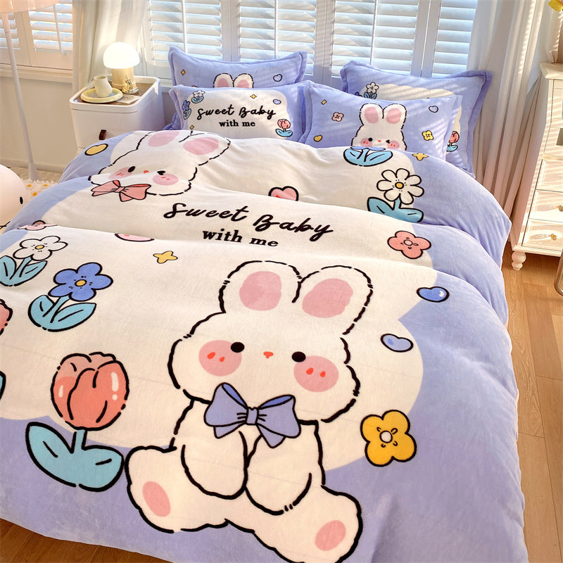 HOMCOM cartoon milk velvet bedding set of four with cute dinosaur design for 1.5m bed, soft and cozy bedroom decor.