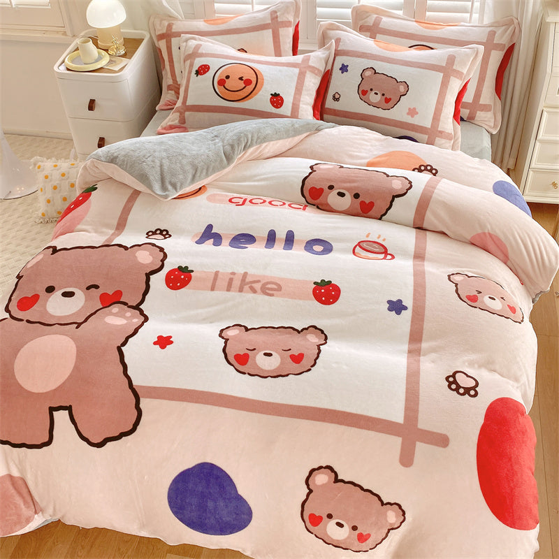HOMCOM cute cartoon milk velvet bedding set of four with playful dinosaur design on soft, cozy bed sheets for 1.5m bed.