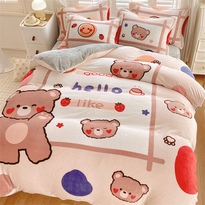HOMCOM cute cartoon milk velvet bedding set of four with playful dinosaur design on soft, cozy bed sheets for 1.5m bed.