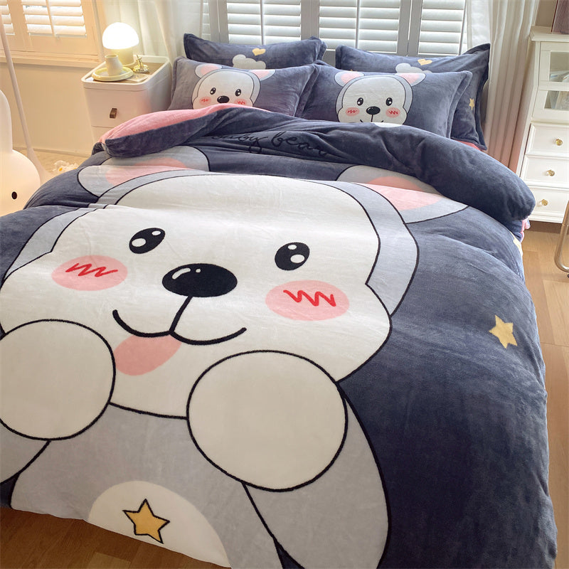 HOMCOM cute cartoon milk velvet bedding set of four with playful dinosaur illustrations on soft, cozy bed sheets for 1.5m bed.