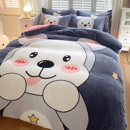 HOMCOM cute cartoon milk velvet bedding set of four with playful dinosaur illustrations on soft, cozy bed sheets for 1.5m bed.