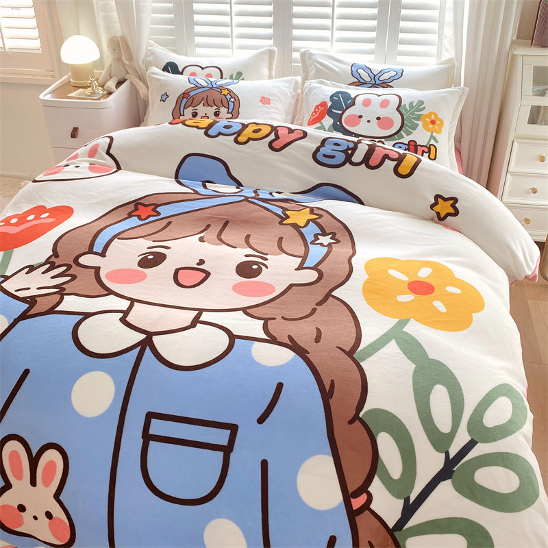 HOMCOM cute cartoon milk velvet bedding set of four with colorful dinosaur illustrations on soft, cozy bed sheets.