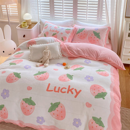 HOMCOM cute cartoon milk velvet bedding set of four with dinosaur design, soft textures, perfect for a child's bedroom.