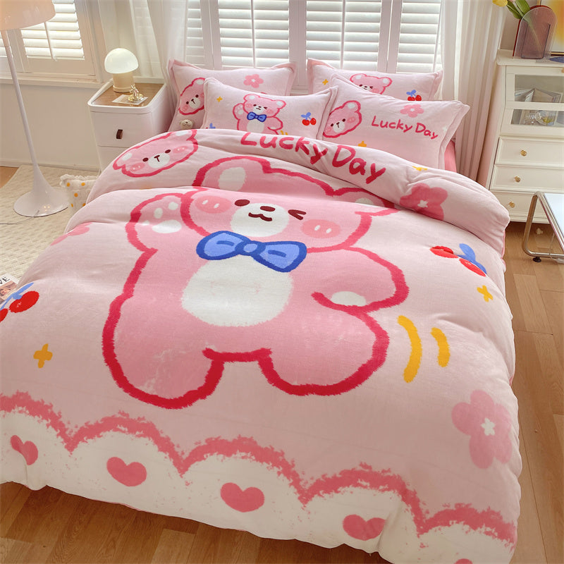HOMCOM cute cartoon milk velvet bedding set of four with colorful dinosaur designs on soft bed sheets for 1.5m bed.