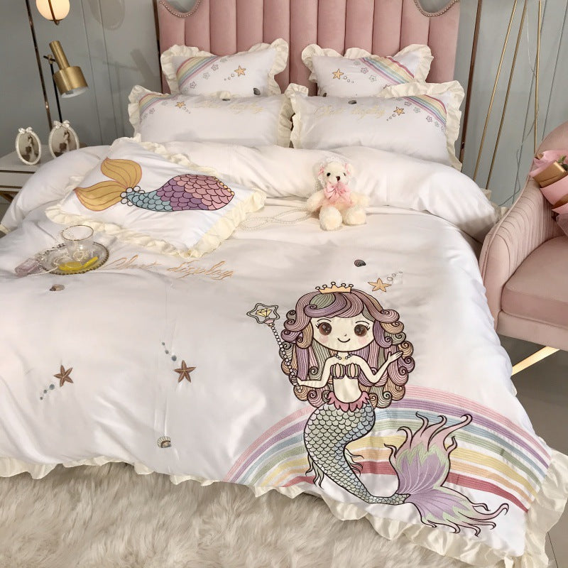 White HOMCOM Mermaid Cotton four-piece single bedding set with embroidered mermaid design and plain flat sheet.