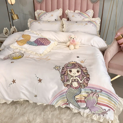 White HOMCOM Mermaid Cotton four-piece single bedding set with embroidered mermaid design and plain flat sheet.