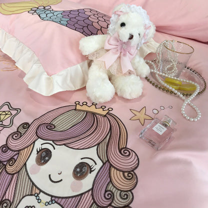 HOMCOM Mermaid Cotton four-piece single bedding set with embroidery featuring a mermaid design on white fabric.