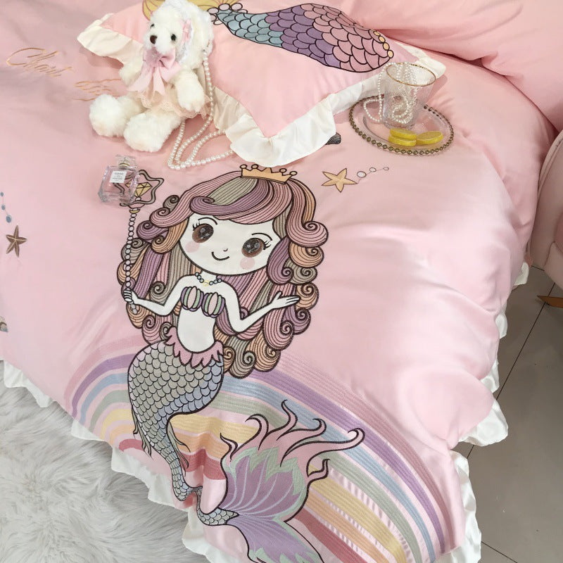 White HOMCOM Mermaid Cotton four-piece single bedding set with embroidered mermaid design on flat sheet and pillowcases.