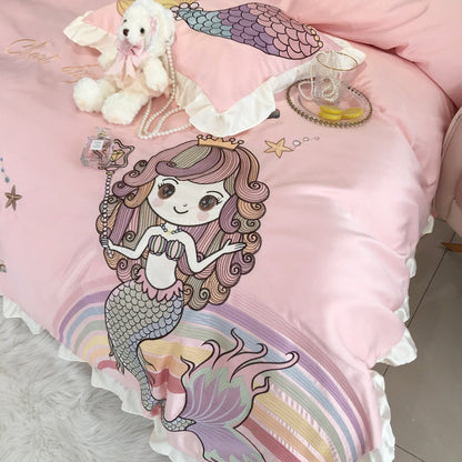 White HOMCOM Mermaid Cotton four-piece single bedding set with embroidered mermaid design on flat sheet and pillowcases.