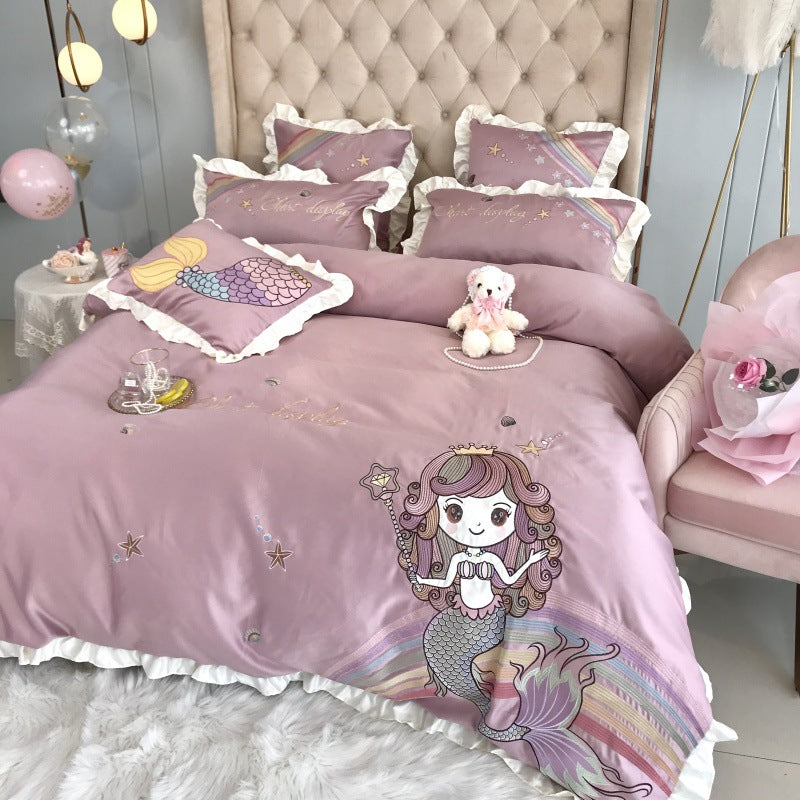 White HOMCOM Mermaid Cotton four-piece single bedding set with embroidery featuring a sleeping mermaid design, flat sheet included.