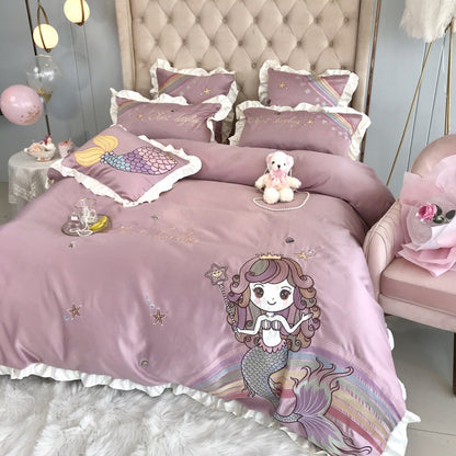 White HOMCOM Mermaid Cotton four-piece single bedding set with embroidery featuring a sleeping mermaid design, flat sheet included.