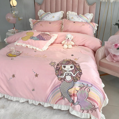 White HOMCOM Mermaid Cotton four-piece single bedding set with embroidered mermaid design on flat sheet and pillowcases.