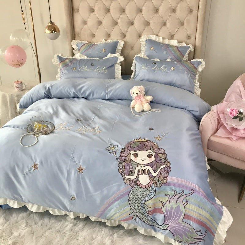 White HOMCOM Mermaid Cotton four-piece single bedding set with embroidered mermaid design on flat sheet and pillowcases.