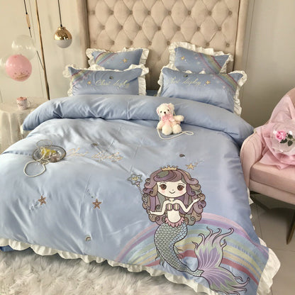 White HOMCOM Mermaid Cotton four-piece single bedding set with embroidered mermaid design on flat sheet and pillowcases.