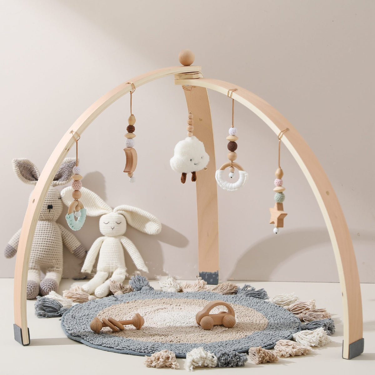 HOMCOM wooden baby room fitness support in a bedroom, designed for safe and comfortable infant exercise or activity area.