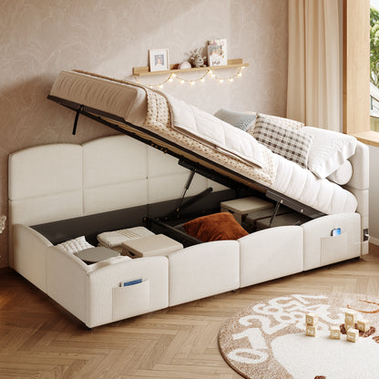 Beige HOMCOM bouclé daybed with hydraulic storage, USB charging, 3ft single sofa bed, featuring plush fabric and modern design.