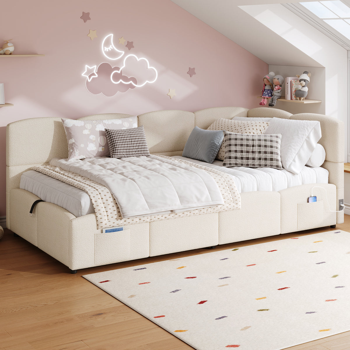 Beige bouclé daybed with hydraulic storage and USB charging port, 3ft single sofa bed by HOMCOM with plush fabric and modern design.
