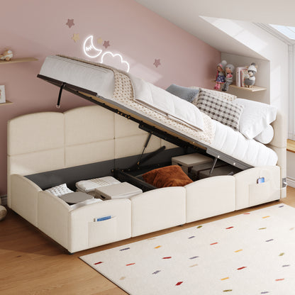 Beige bouclé daybed with hydraulic storage and USB charging port, 3ft single sofa bed by HOMCOM.