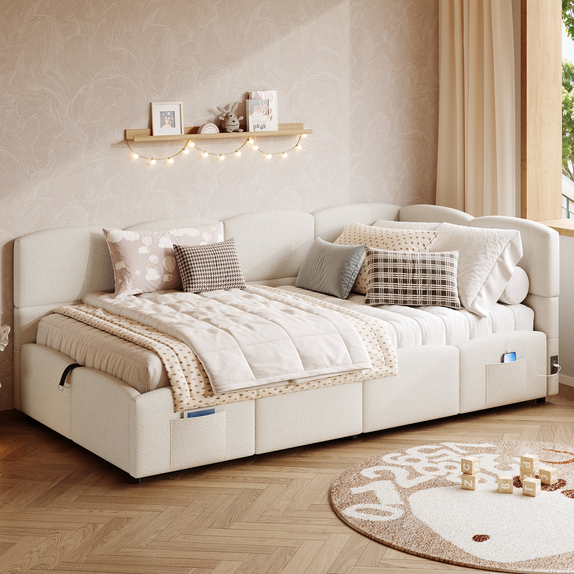 Beige bouclé HOMCOM daybed with hydraulic storage, USB charging, 3ft single sofa bed, modern design with plush upholstery.