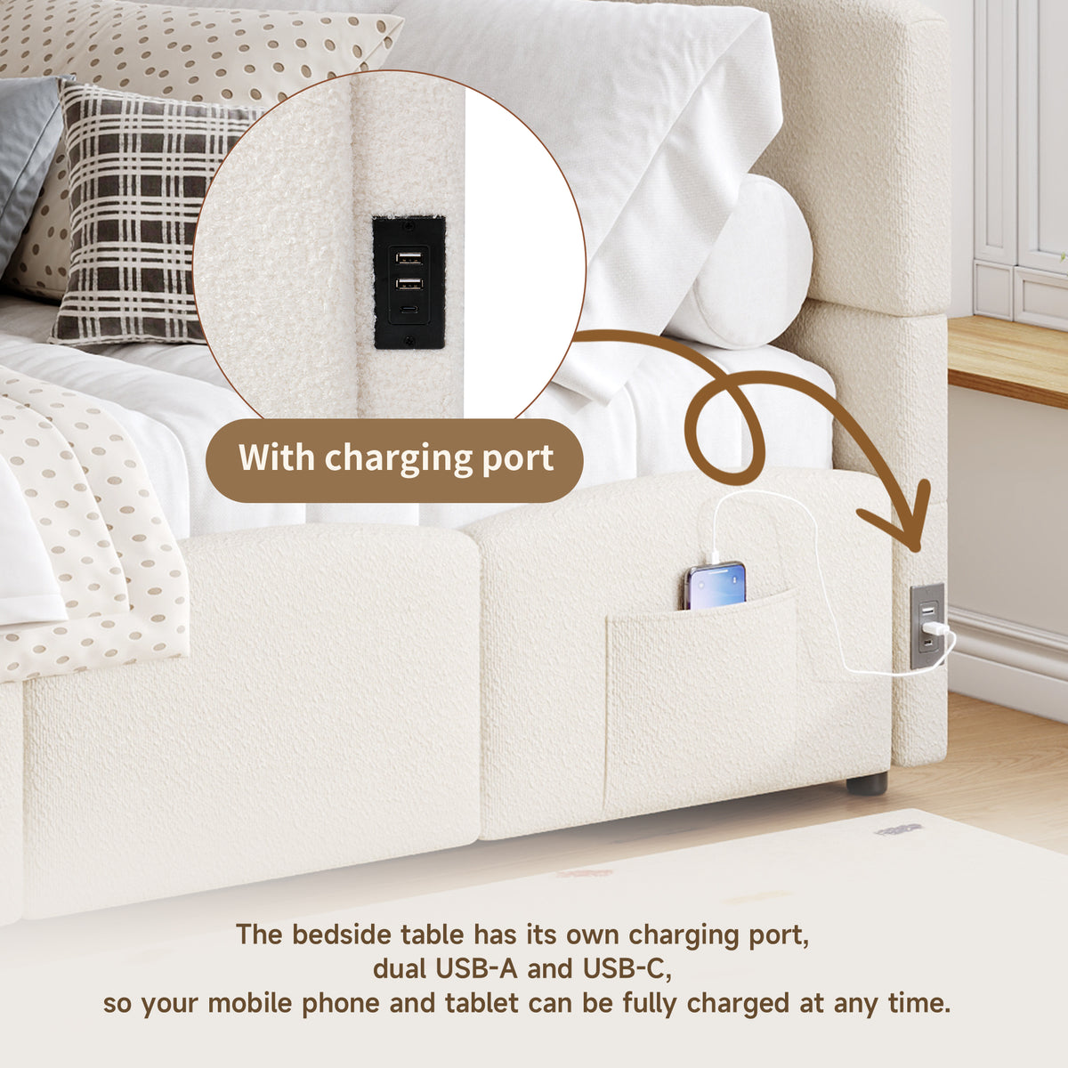 Beige HOMCOM bouclé daybed with hydraulic storage and USB charging port, 3ft single sofa bed, showcasing plush fabric and modern design.