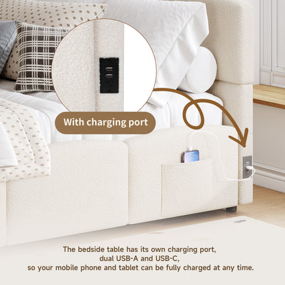 Beige HOMCOM bouclé daybed with hydraulic storage and USB charging port, 3ft single sofa bed, showcasing plush fabric and modern design.