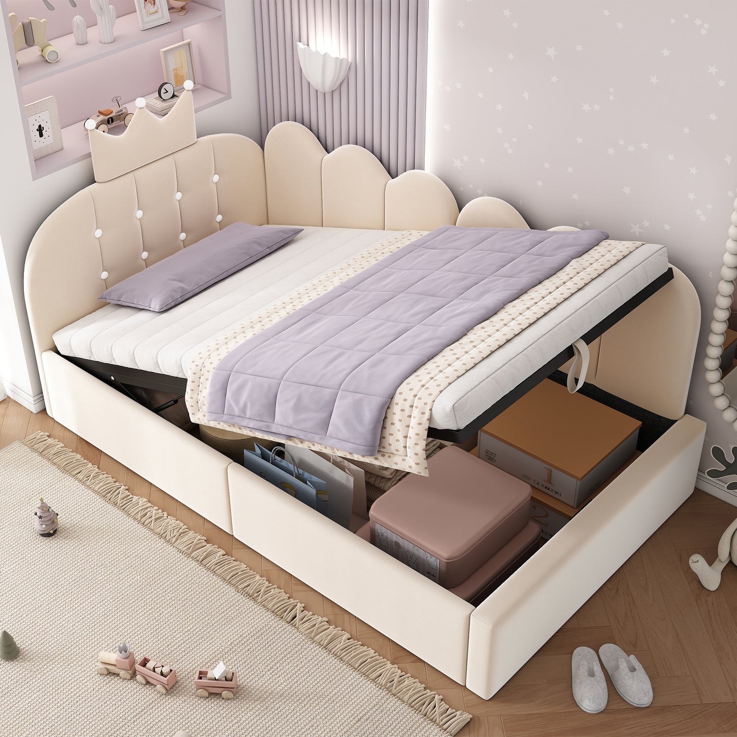 Beige velvet HOMCOM single daybed with hydraulic storage and crown design, ideal for compact living spaces.