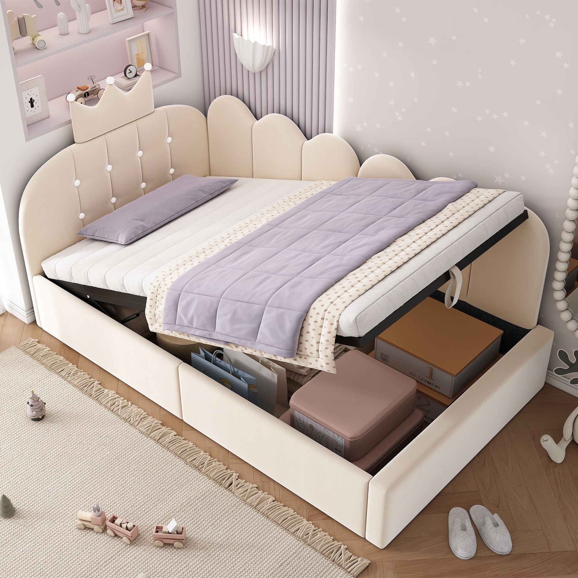 Beige velvet HOMCOM single daybed with hydraulic storage and crown design, ideal for compact living spaces.