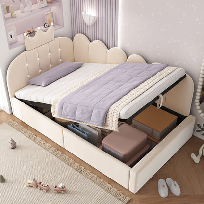 Beige velvet HOMCOM single daybed with hydraulic storage and crown design, ideal for compact living spaces.