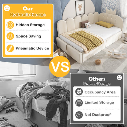 Beige velvet daybed with hydraulic storage and crown design, 3ft single size, by HOMCOM, ideal for modern living spaces.