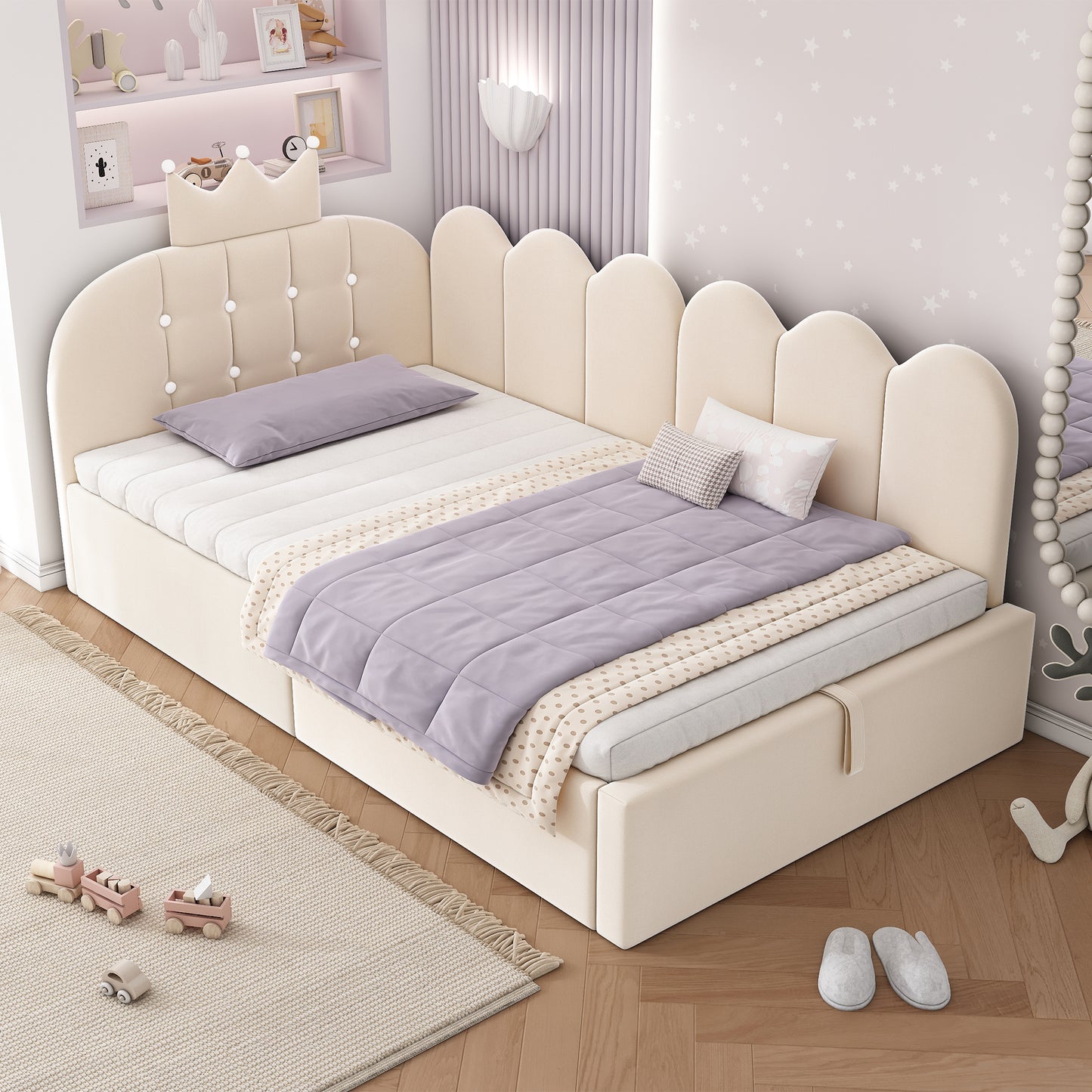 Beige velvet HOMCOM daybed with hydraulic storage, 3ft single crown sofa bed, featuring a plush upholstered design and wooden legs.