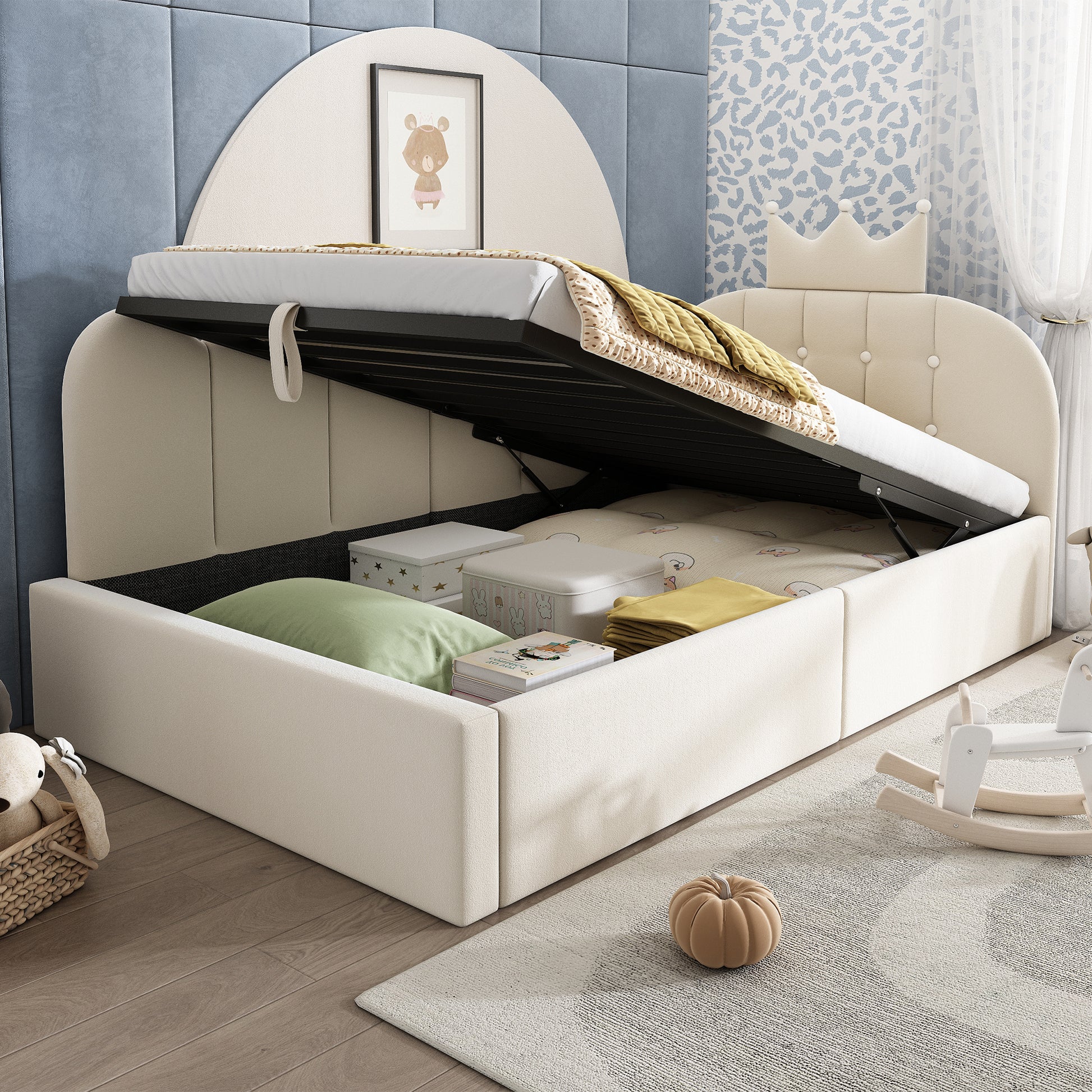 Beige velvet daybed with hydraulic storage, 3ft single crown sofa bed by HOMCOM, featuring a plush upholstered design and sturdy frame.