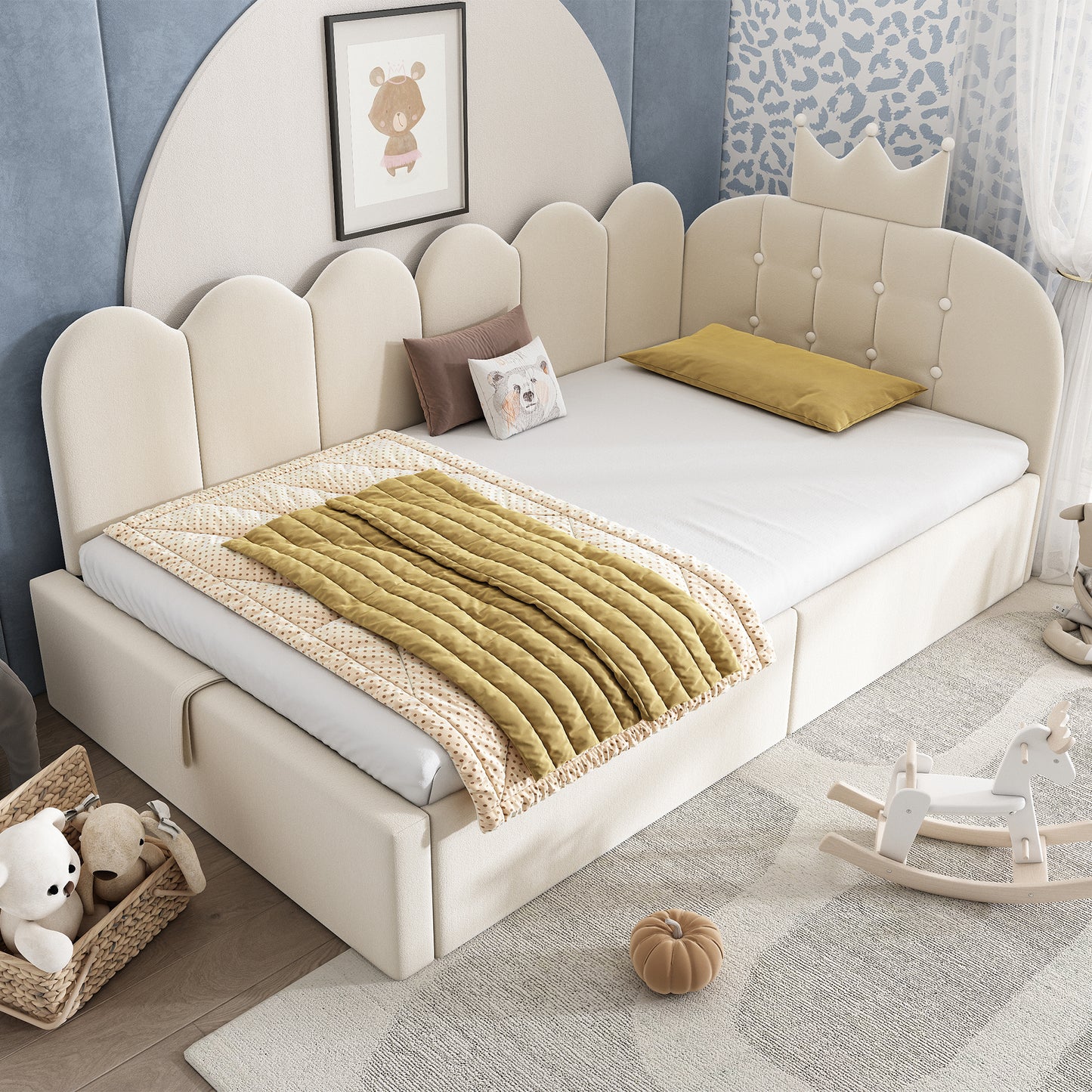 Beige velvet HOMCOM single daybed with hydraulic storage, featuring a crown design and sofa bed functionality.