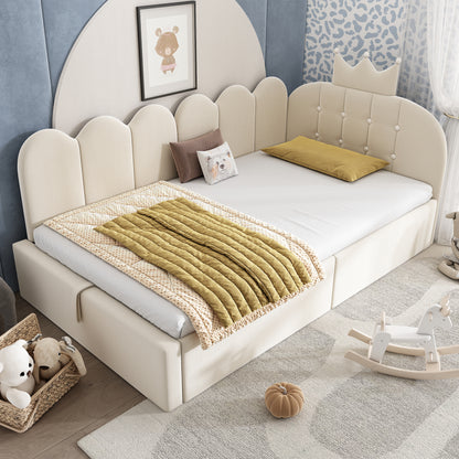 Beige velvet HOMCOM single daybed with hydraulic storage, featuring a crown design and sofa bed functionality.