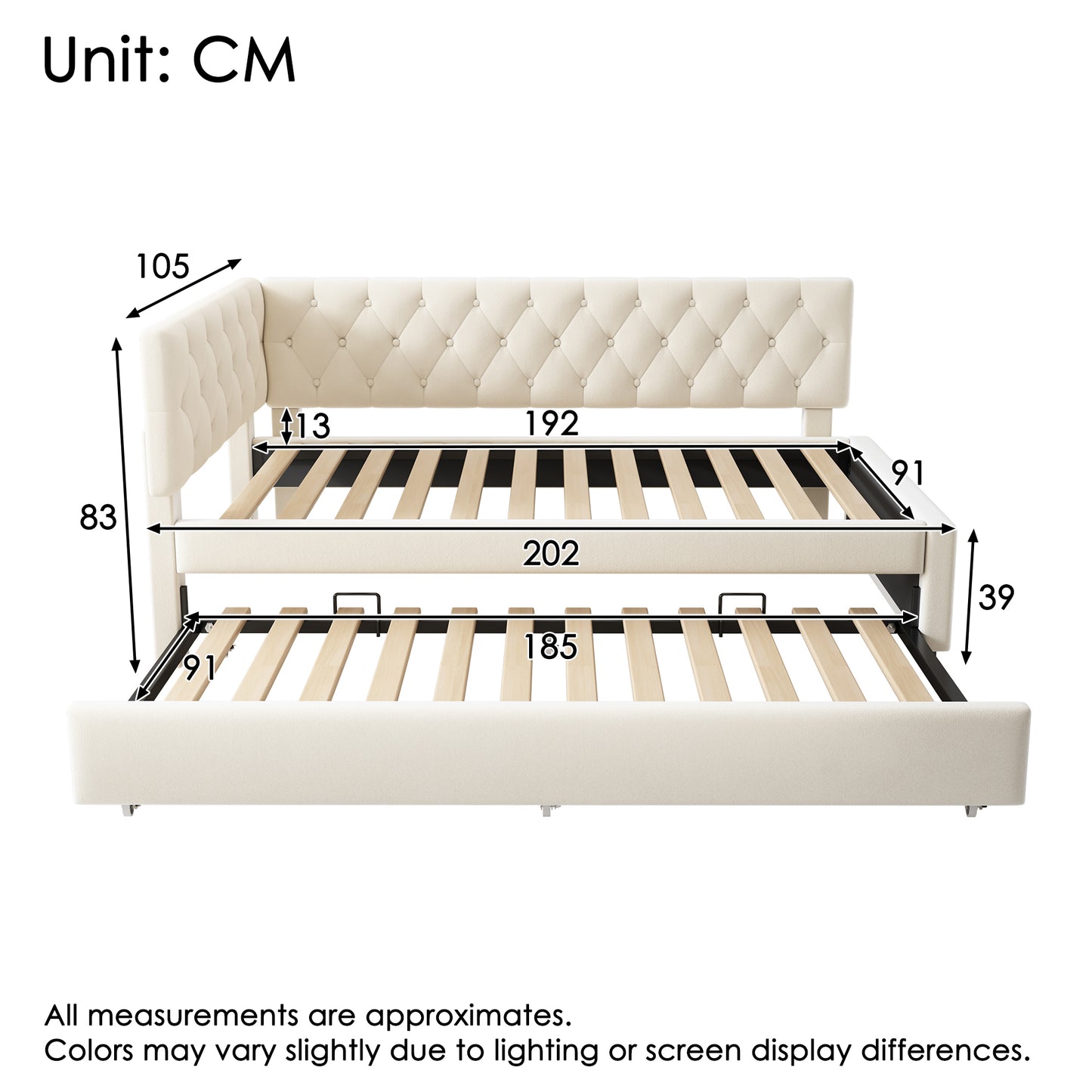 Beige velvet HOMCOM daybed with pull-out trundle for guests and kids, featuring a 3ft single sofa bed and modern design.